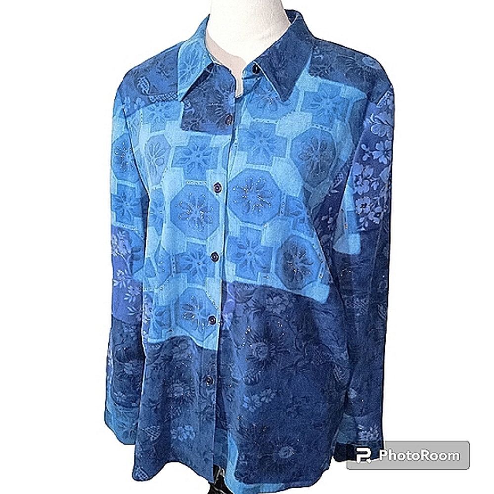 Beautiful Vintage Koret Cobalt  Blue Floral  Button Down Shirt Size 12